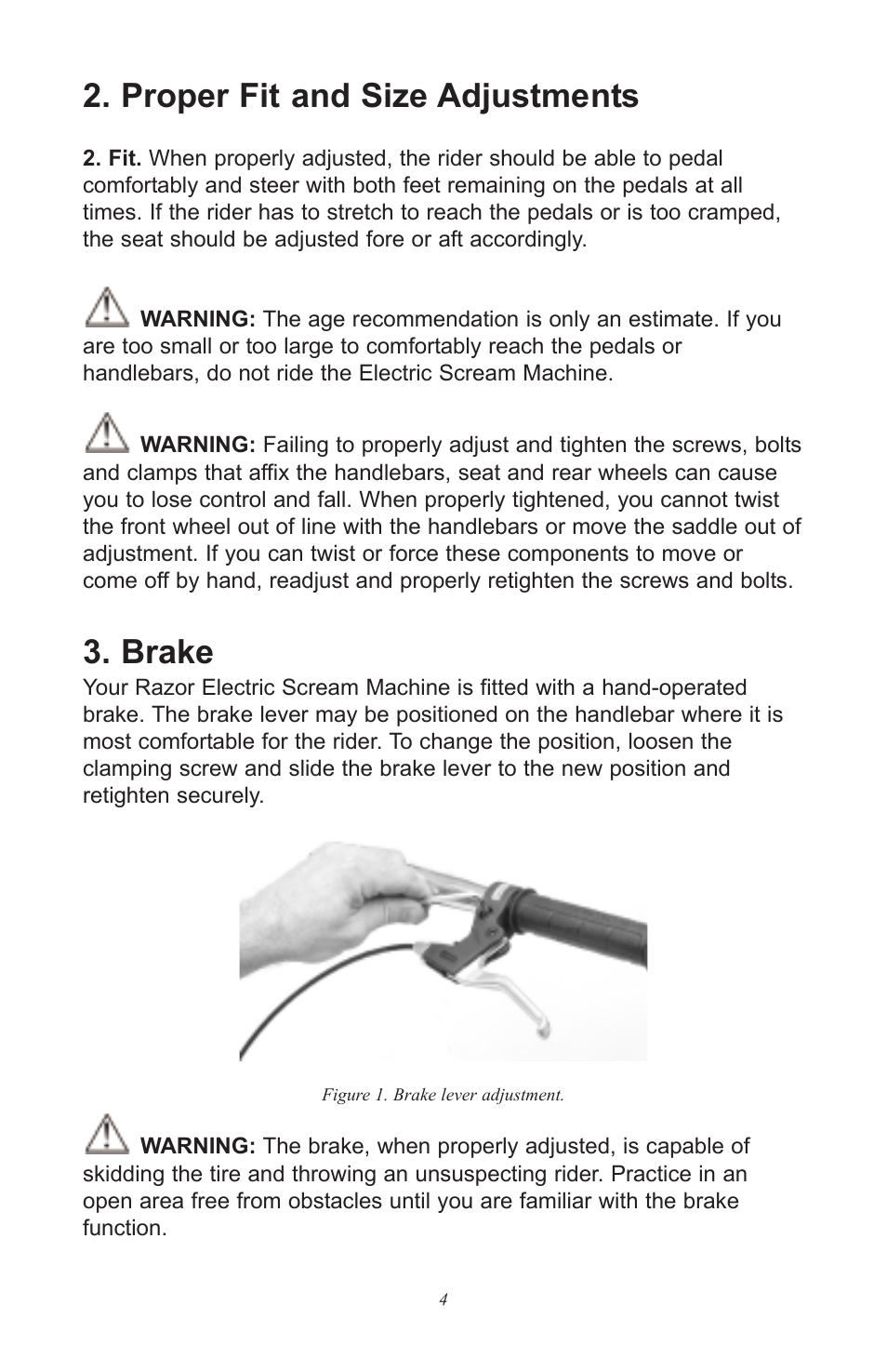 Proper fit and size adjustments, Brake | Razor ScreamMachine User Manual | Page 4 / 20