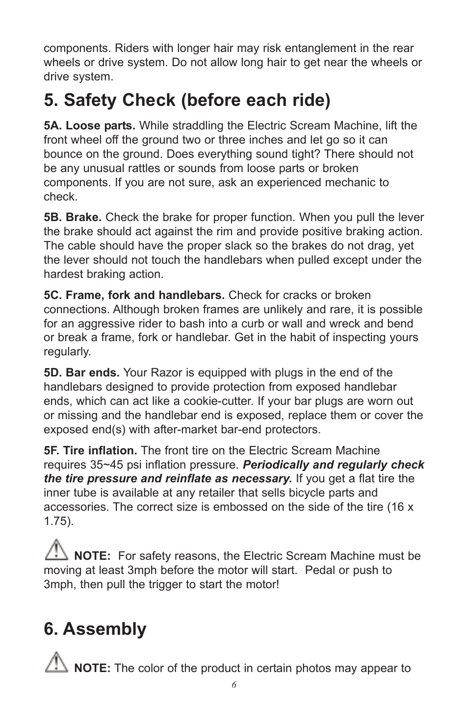 Safety check (before each ride), Assembly | Razor ScreamMachine User Manual | Page 6 / 20