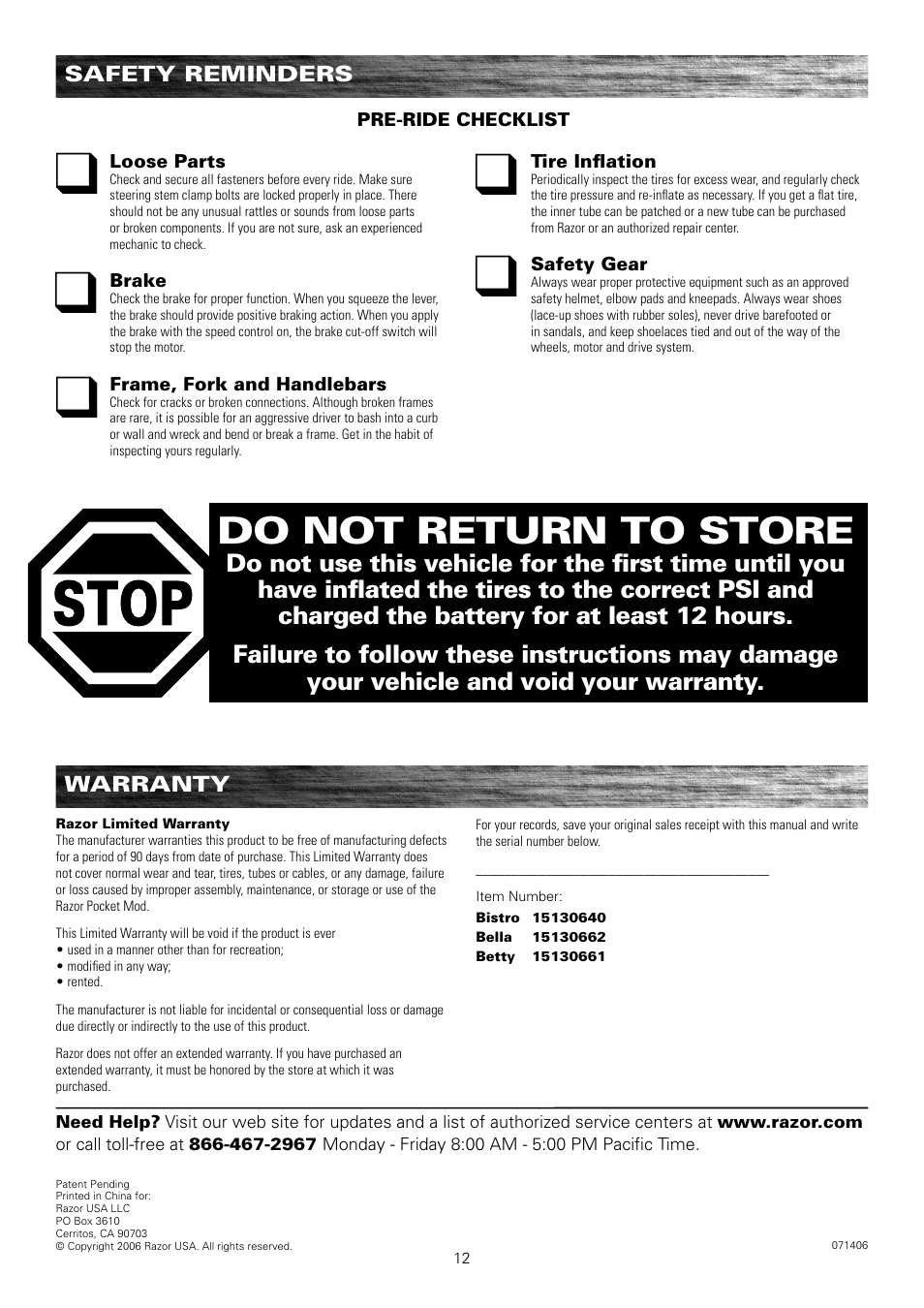 Do not return to store | Razor Pocket Mod Motor Scooter User Manual | Page 13 / 14