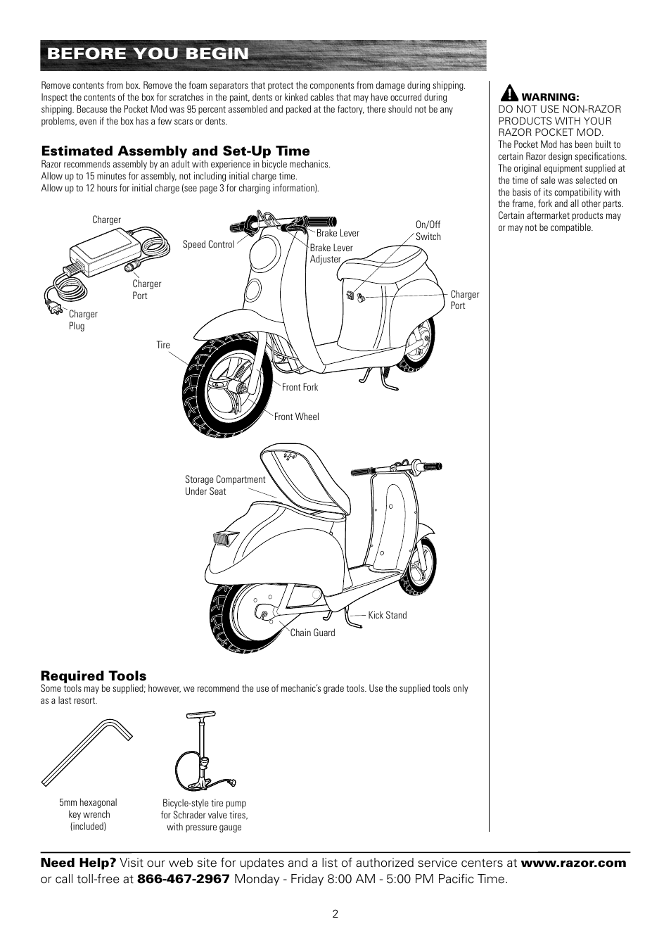 Before you begin, Estimated assembly and set-up time, Required tools | Razor Pocket Mod Motor Scooter User Manual | Page 3 / 14