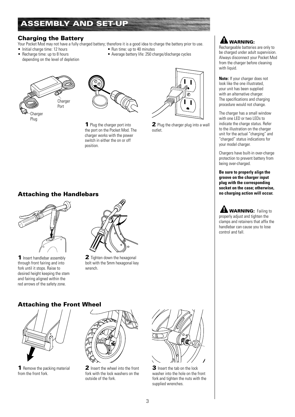 Assembly and set-up, Charging the battery, Attaching the handlebars 1 | Attaching the front wheel 3 | Razor Pocket Mod Motor Scooter User Manual | Page 4 / 14