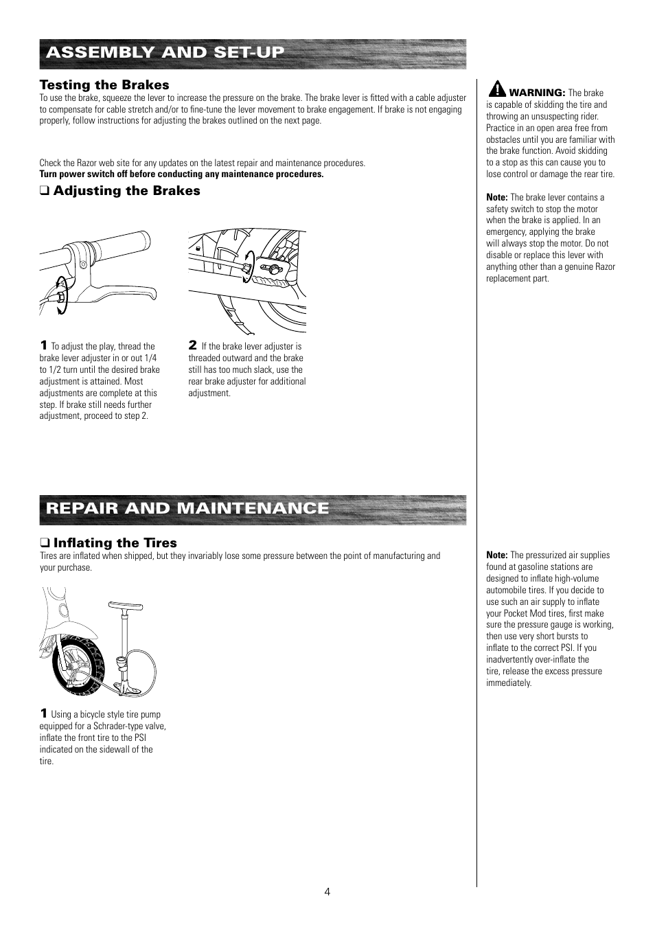 Repair and maintenance, Assembly and set-up, Adjusting the brakes | Testing the brakes, Inﬂating the tires | Razor Pocket Mod Motor Scooter User Manual | Page 5 / 14