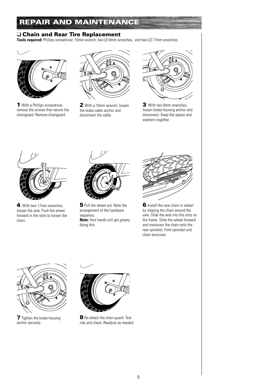 Repair and maintenance, Chain and rear tire replacement | Razor Pocket Mod Motor Scooter User Manual | Page 6 / 14