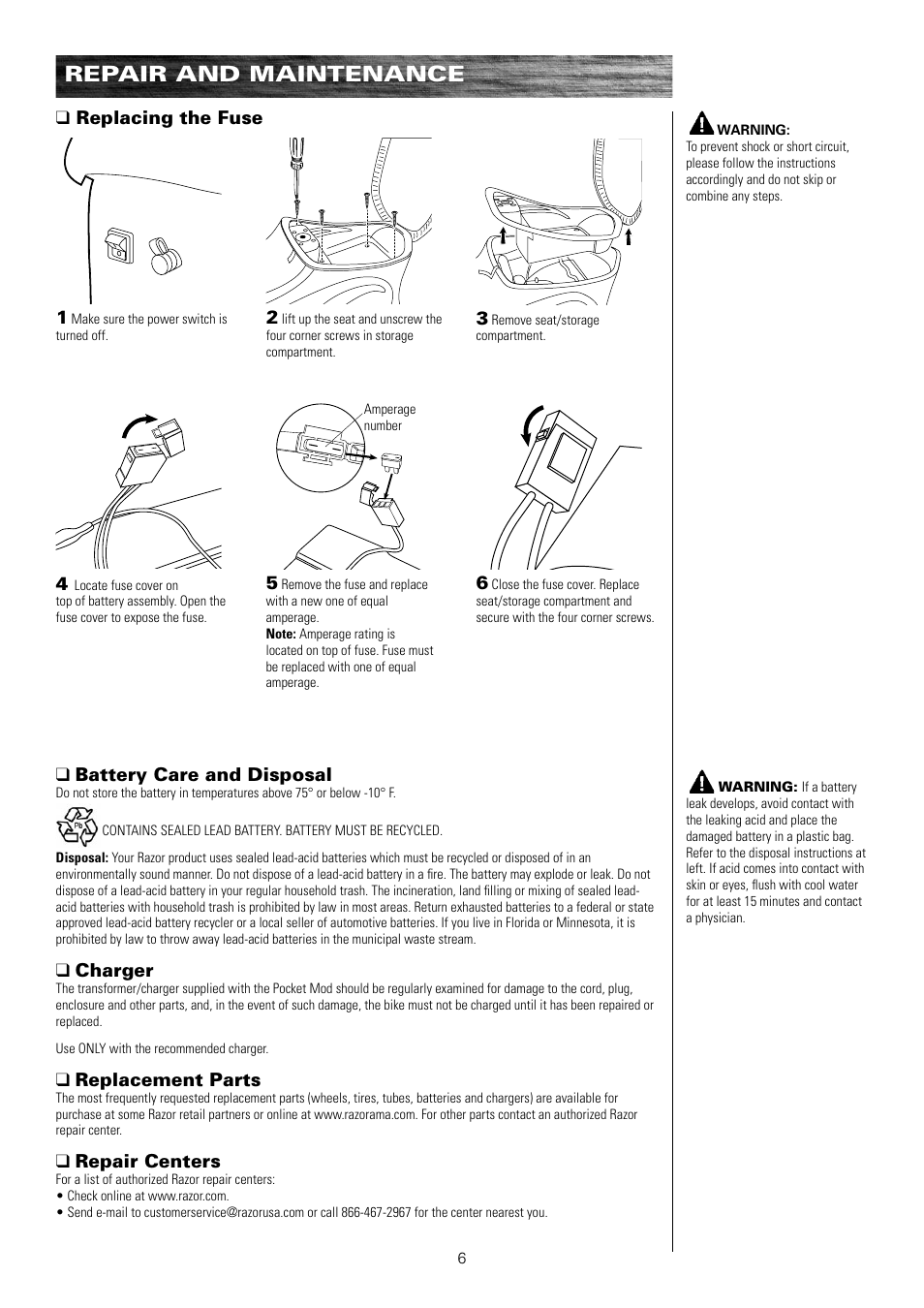 Repair and maintenance, Battery care and disposal, Charger | Replacement parts, Repair centers, Replacing the fuse | Razor Pocket Mod Motor Scooter User Manual | Page 7 / 14