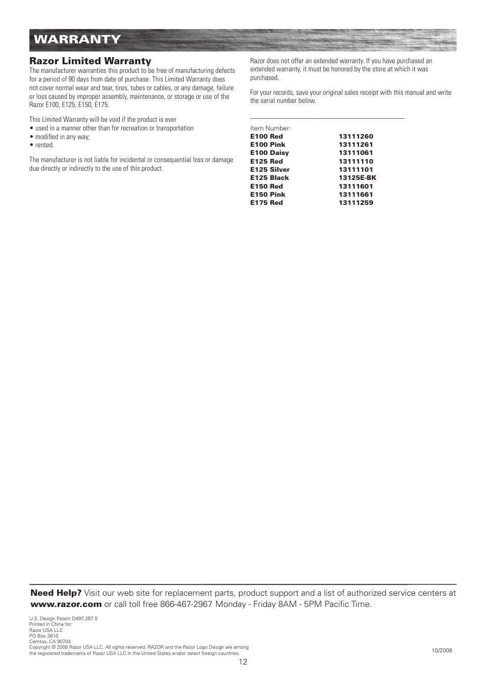 Warranty, Razor limited warranty | Razor E100 User Manual | Page 13 / 29