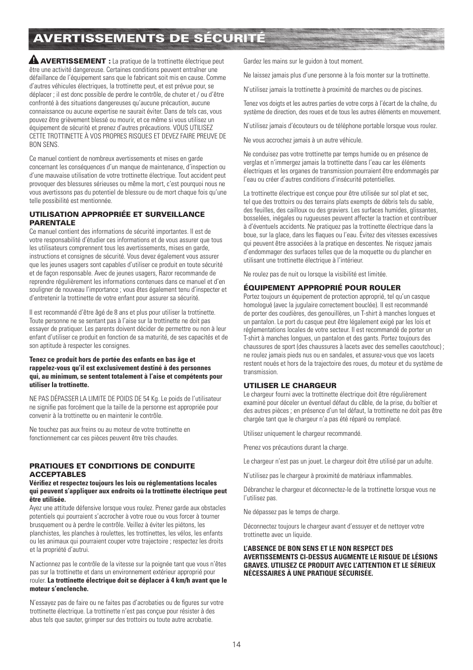 Avertissements de sécurité | Razor E100 User Manual | Page 15 / 29