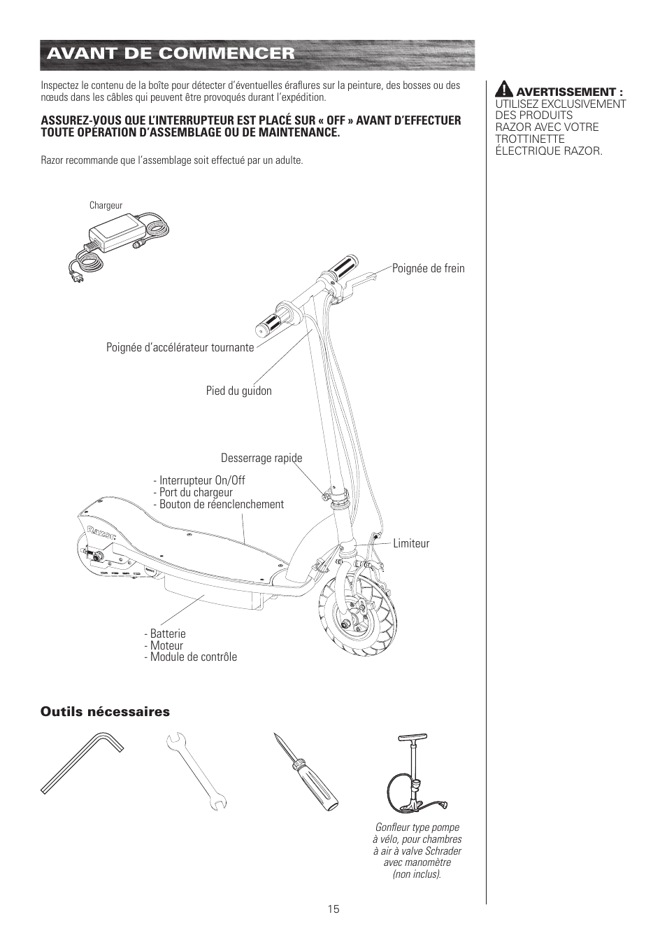 Avant de commencer | Razor E100 User Manual | Page 16 / 29