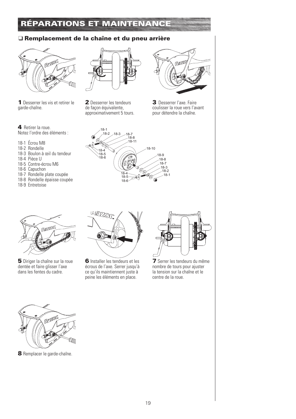 Réparations et maintenance, Qremplacement de la chaîne et du pneu arrière 1 | Razor E100 User Manual | Page 20 / 29