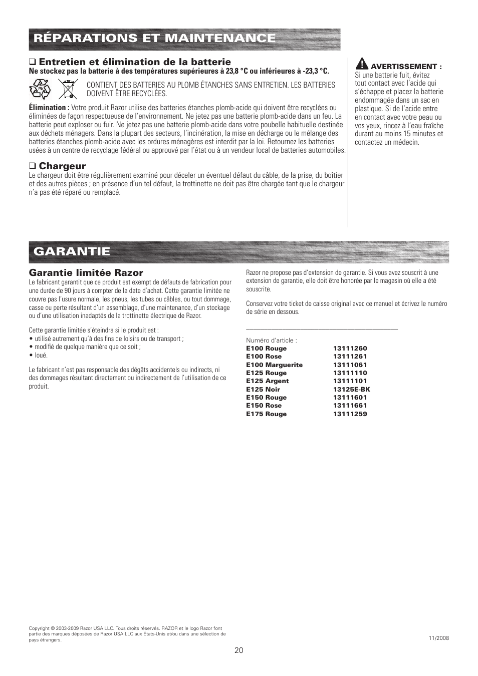 Réparations et maintenance, Garantie, Qentretien et élimination de la batterie | Qchargeur, Garantie limitée razor | Razor E100 User Manual | Page 21 / 29