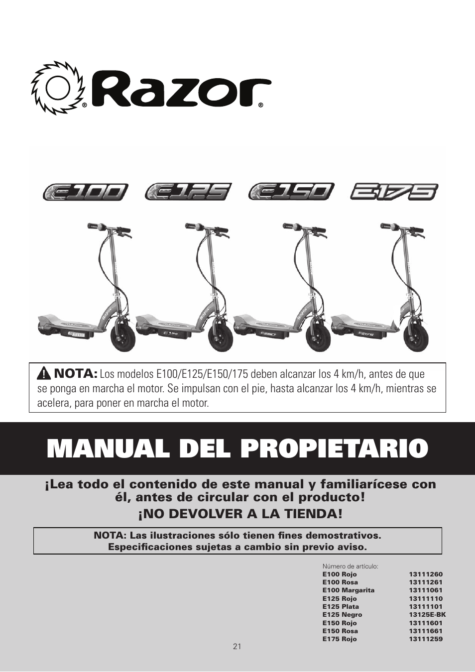 Manual del propietario, Nota | Razor E100 User Manual | Page 22 / 29