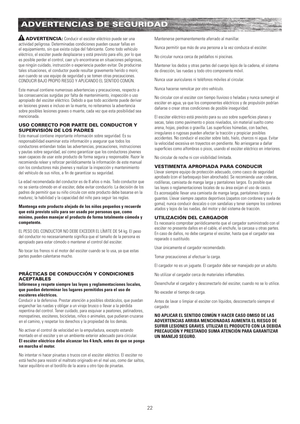 Advertencias de seguridad | Razor E100 User Manual | Page 23 / 29