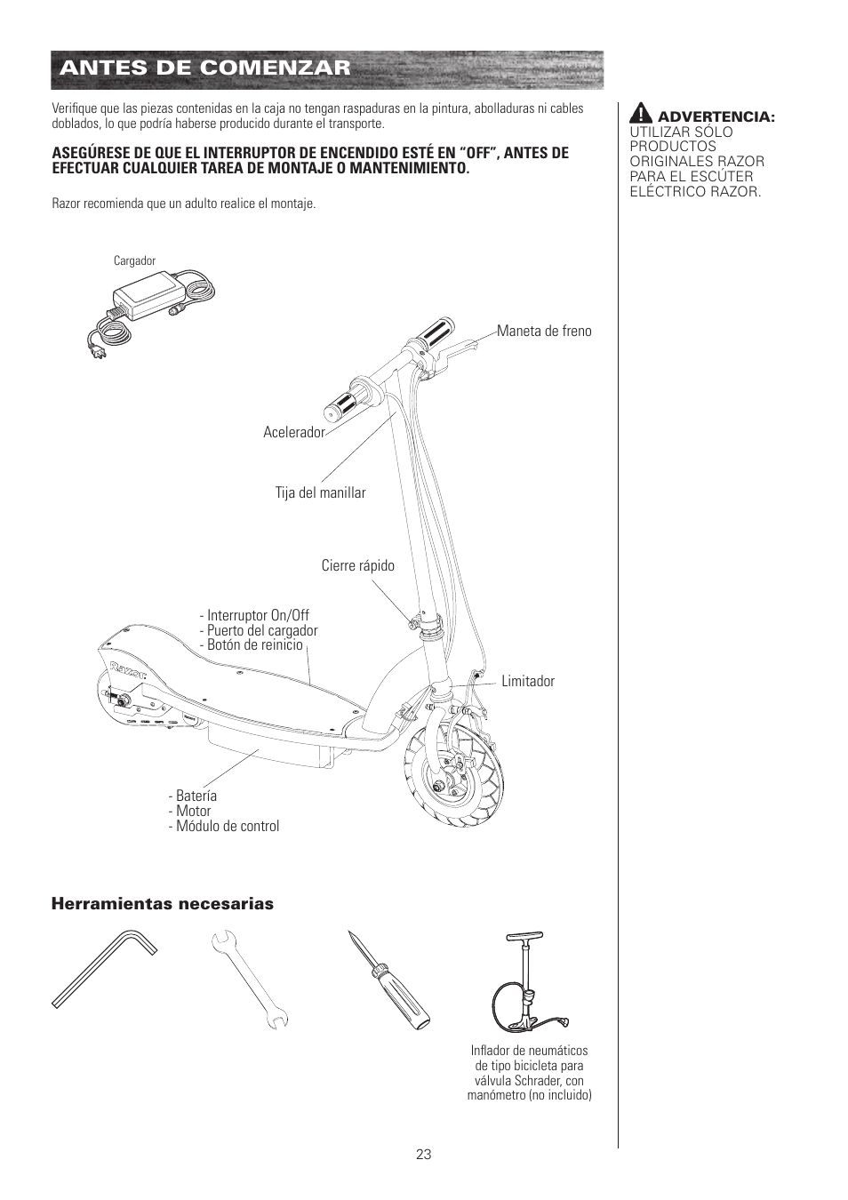 Antes de comenzar | Razor E100 User Manual | Page 24 / 29