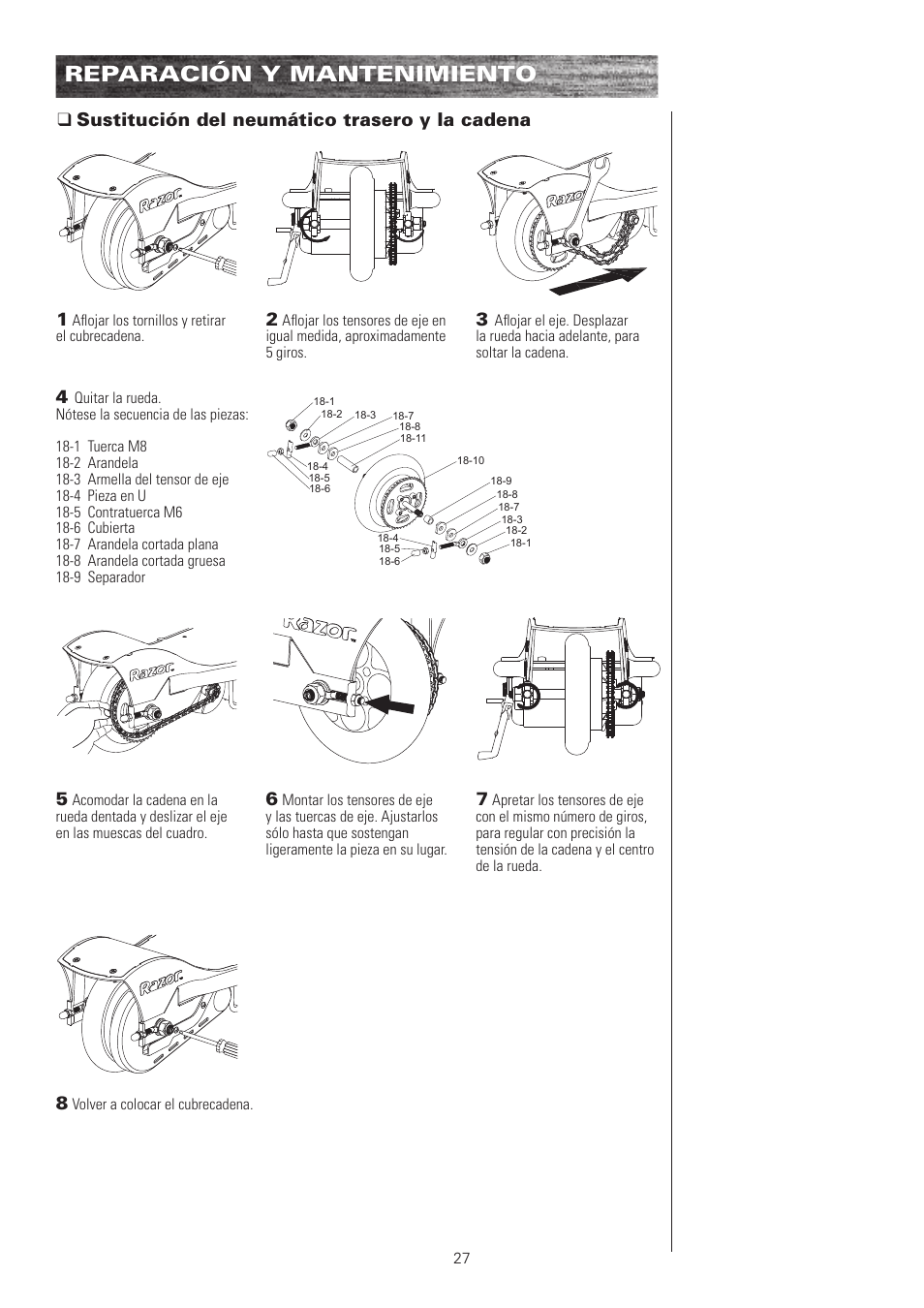 Reparación y mantenimiento, Qsustitución del neumático trasero y la cadena 1 | Razor E100 User Manual | Page 28 / 29