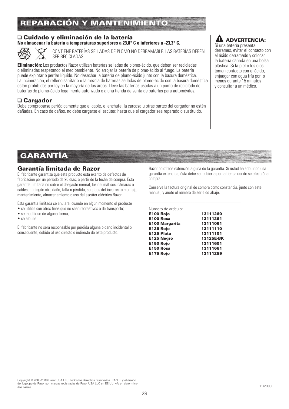 Reparación y mantenimiento, Garantía, Qcuidado y eliminación de la batería | Qcargador, Garantía limitada de razor | Razor E100 User Manual | Page 29 / 29