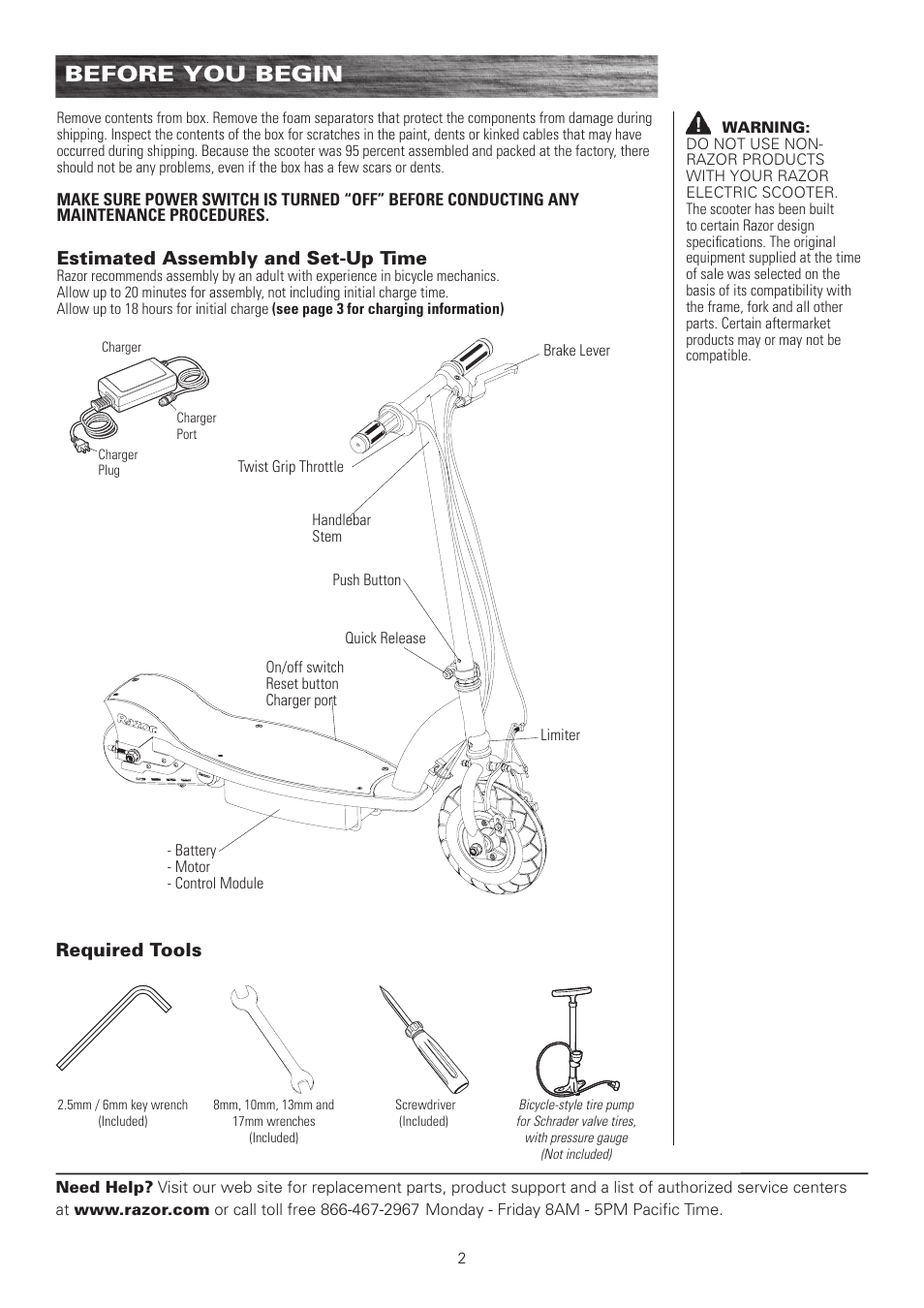 Before you begin | Razor E100 User Manual | Page 3 / 29