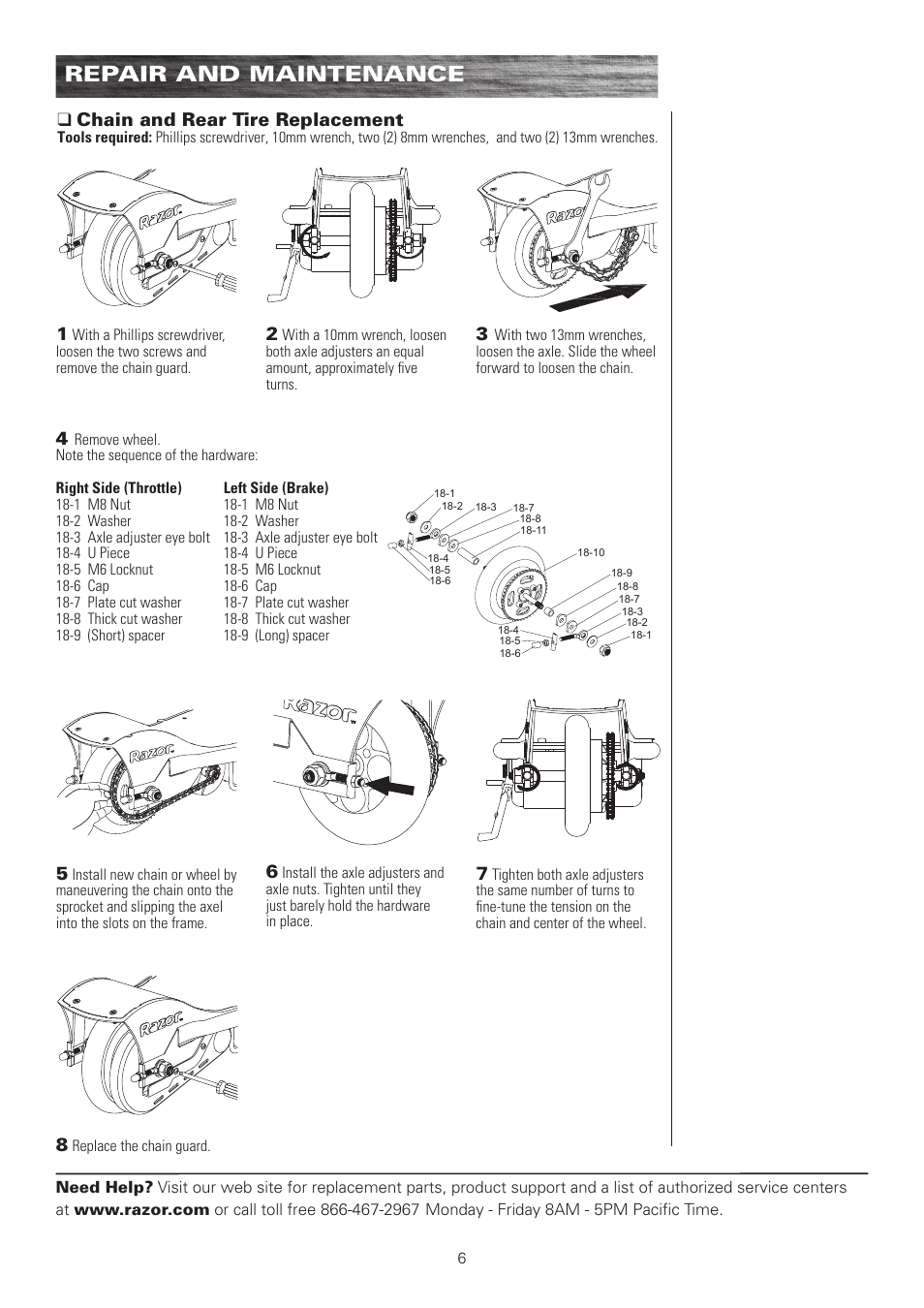 Repair and maintenance, Qchain and rear tire replacement | Razor E100 User Manual | Page 7 / 29