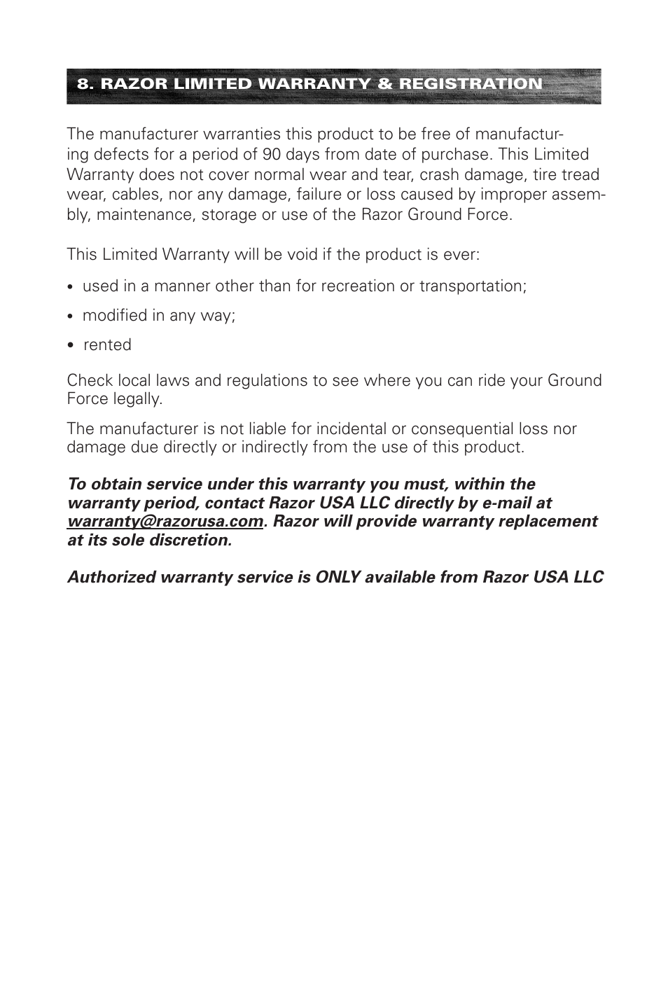Razor ELECTRIC-POWERED GO KART 300001-SL User Manual | Page 18 / 20