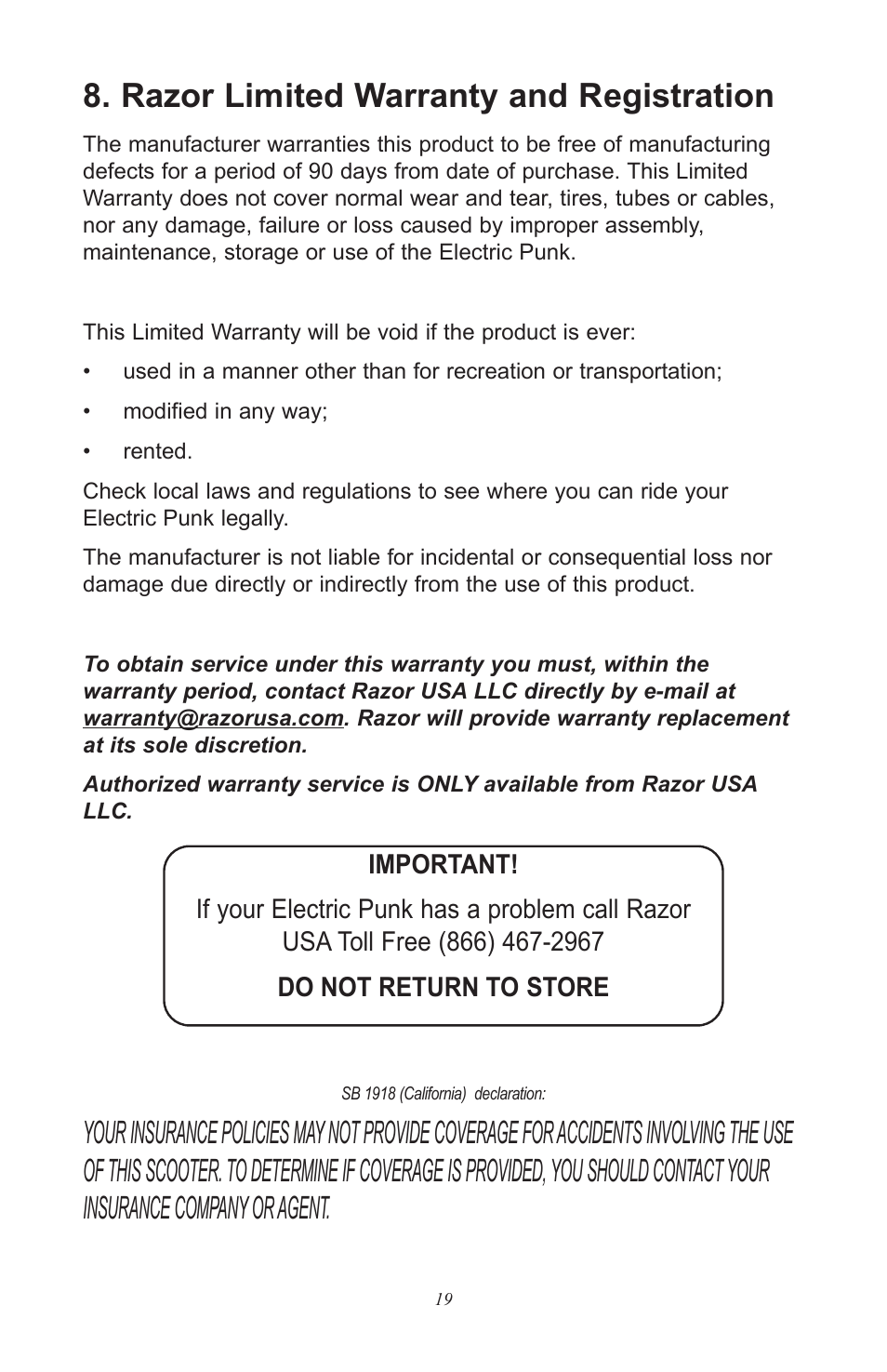 Razor limited warranty and registration | Razor Electric Punk User Manual | Page 19 / 20