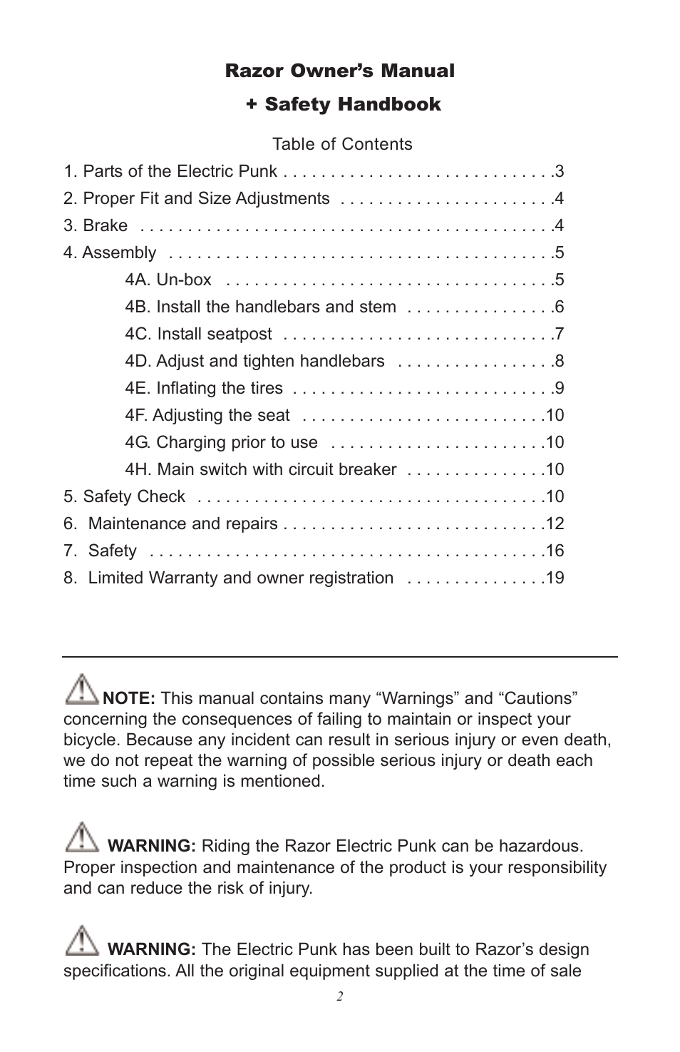 Razor Electric Punk User Manual | Page 2 / 20