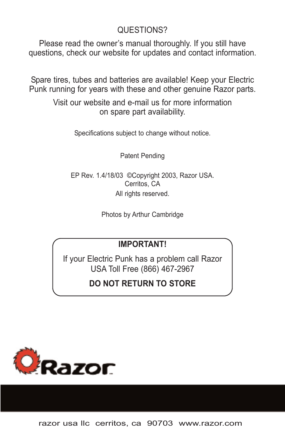 Razor Electric Punk User Manual | Page 20 / 20