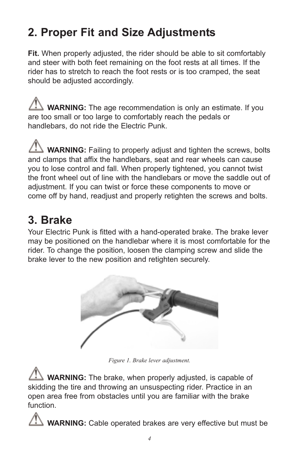 Proper fit and size adjustments, Brake | Razor Electric Punk User Manual | Page 4 / 20