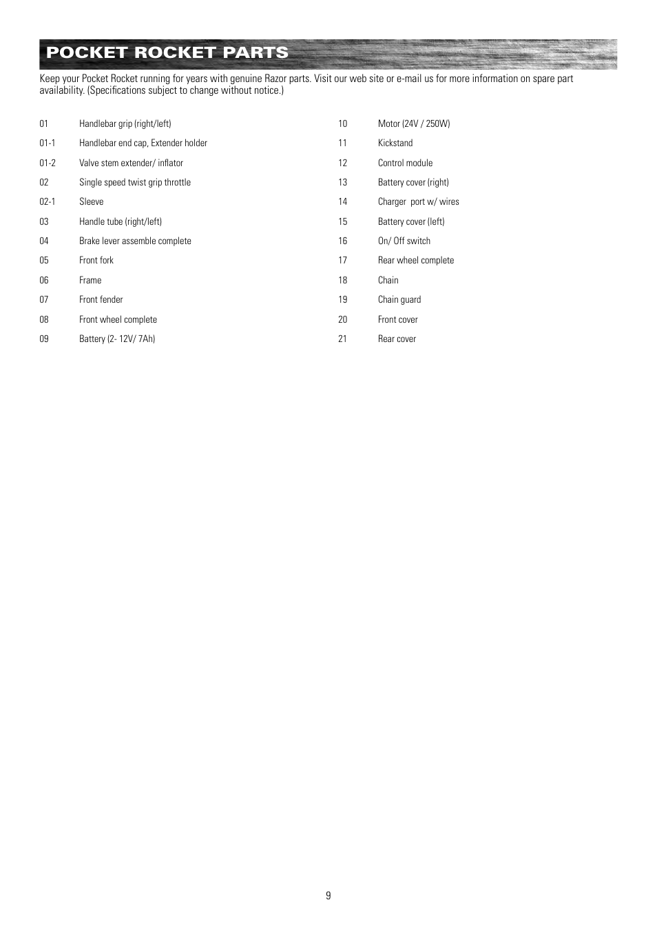 Pocket rocket parts | Razor POCKET ROCKET 155001 User Manual | Page 10 / 13