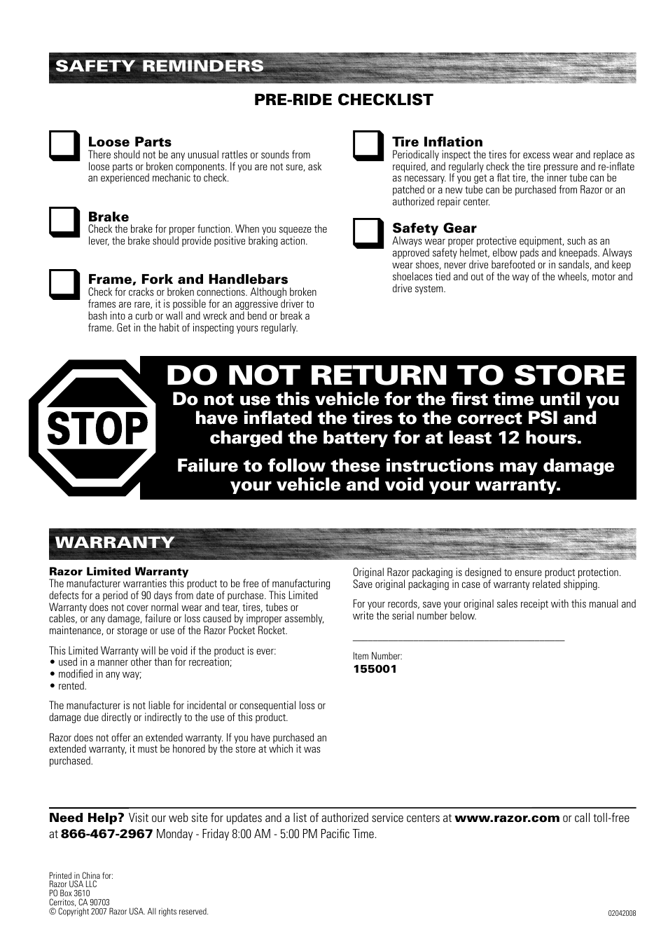 Q q q q, Do not return to store | Razor POCKET ROCKET 155001 User Manual | Page 13 / 13