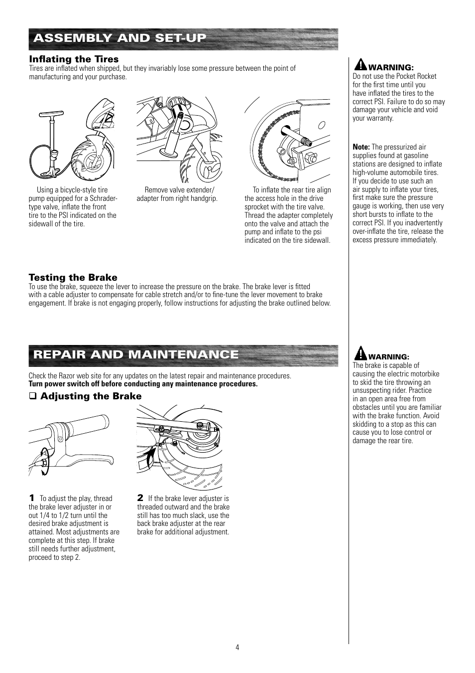 Repair and maintenance, Assembly and set-up | Razor POCKET ROCKET 155001 User Manual | Page 5 / 13