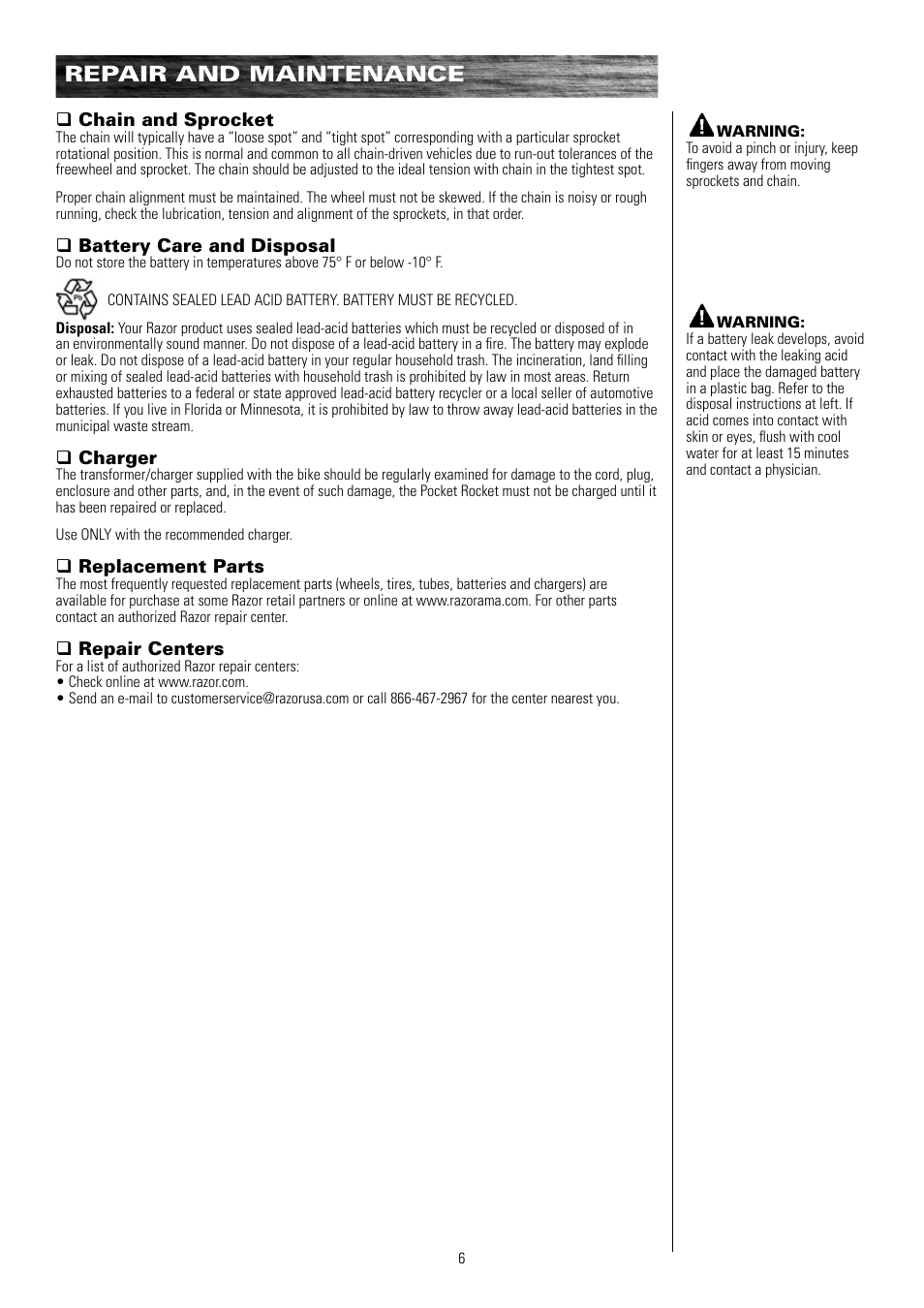 Repair and maintenance | Razor POCKET ROCKET 155001 User Manual | Page 7 / 13
