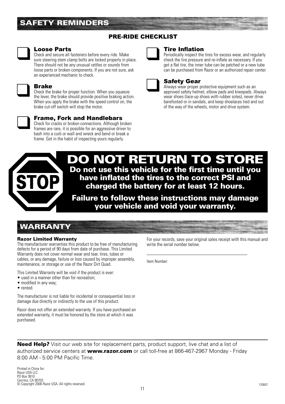 Do not return to store | Razor DIRT QUAD 25117460 User Manual | Page 12 / 12