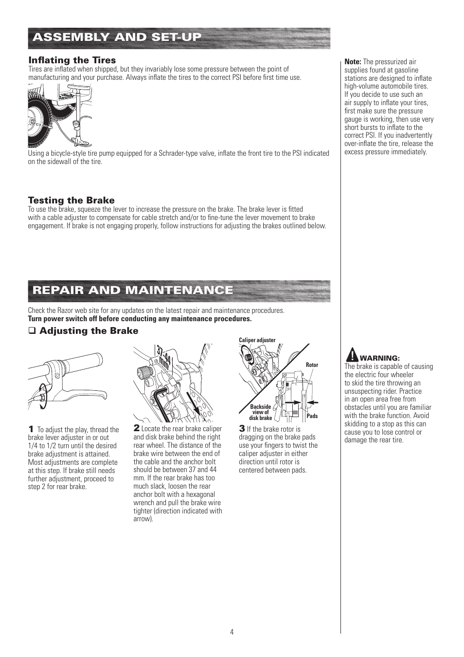 Repair and maintenance, Assembly and set-up | Razor DIRT QUAD 25117460 User Manual | Page 5 / 12