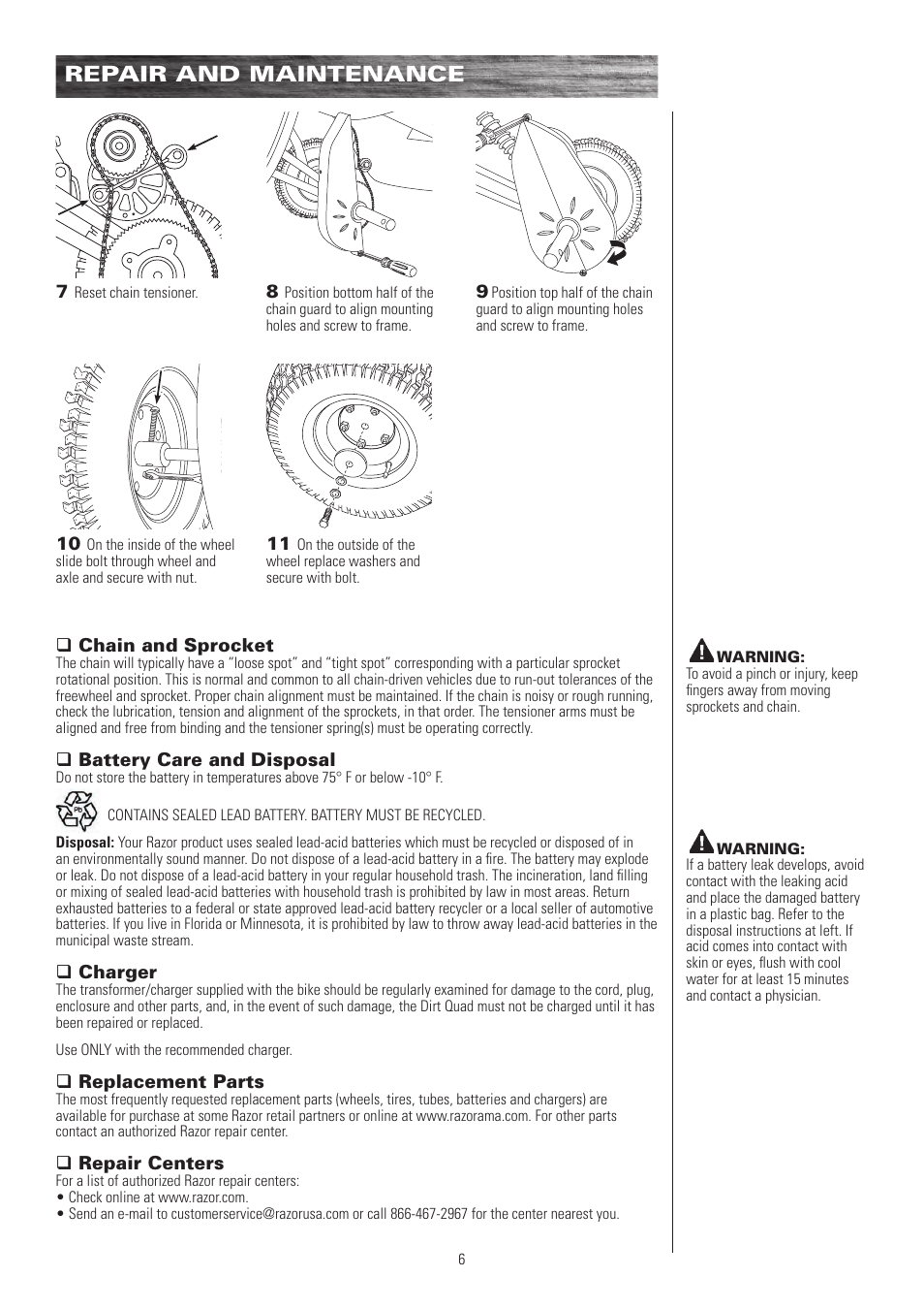 Repair and maintenance | Razor DIRT QUAD 25117460 User Manual | Page 7 / 12