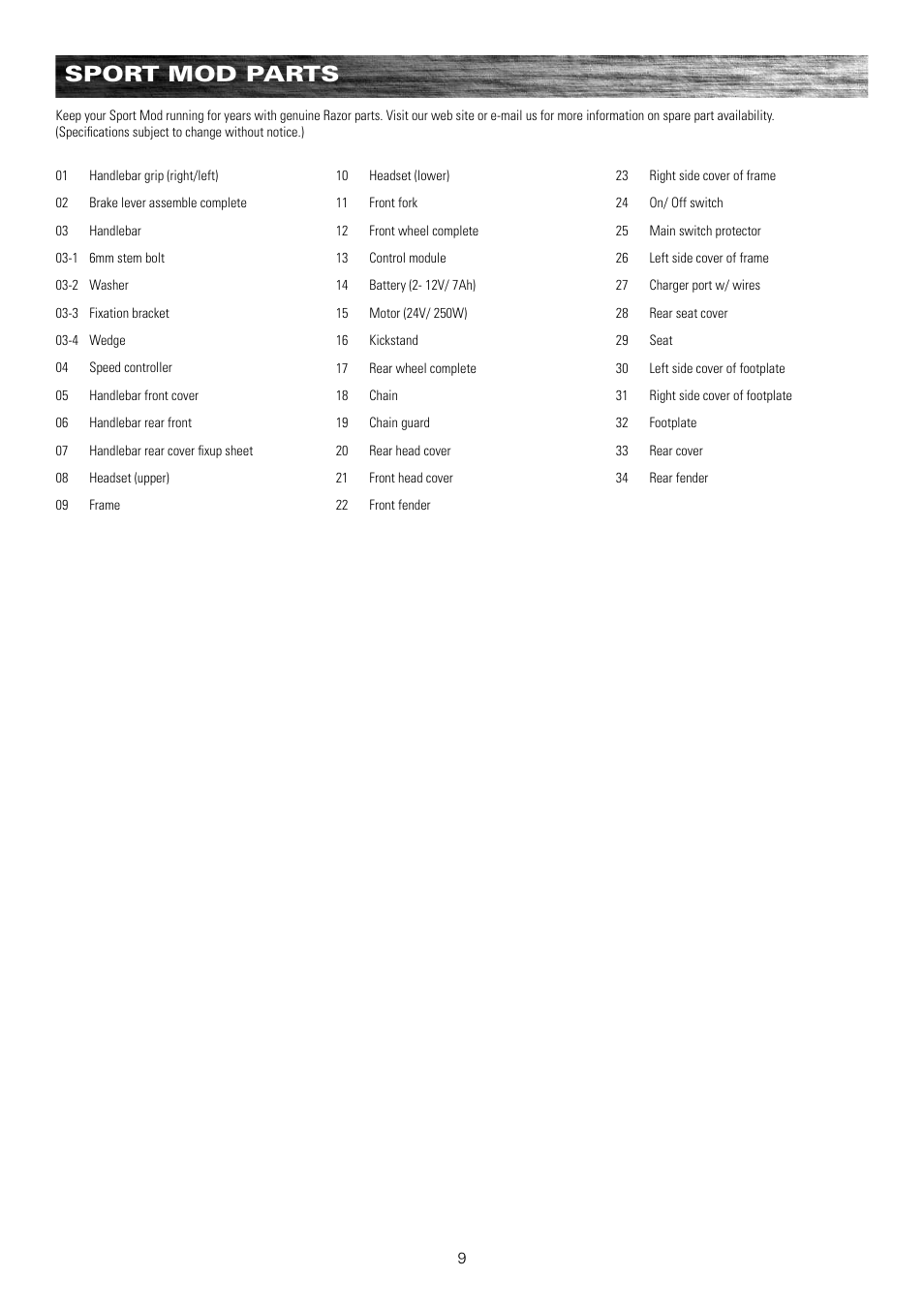 Sport mod parts | Razor SPORTMOD 15130412 User Manual | Page 10 / 13