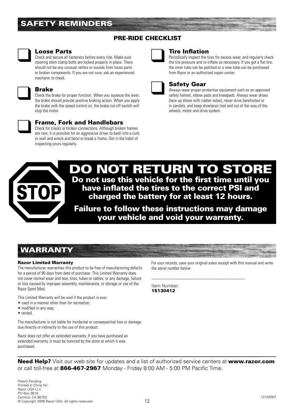 Do not return to store | Razor SPORTMOD 15130412 User Manual | Page 13 / 13