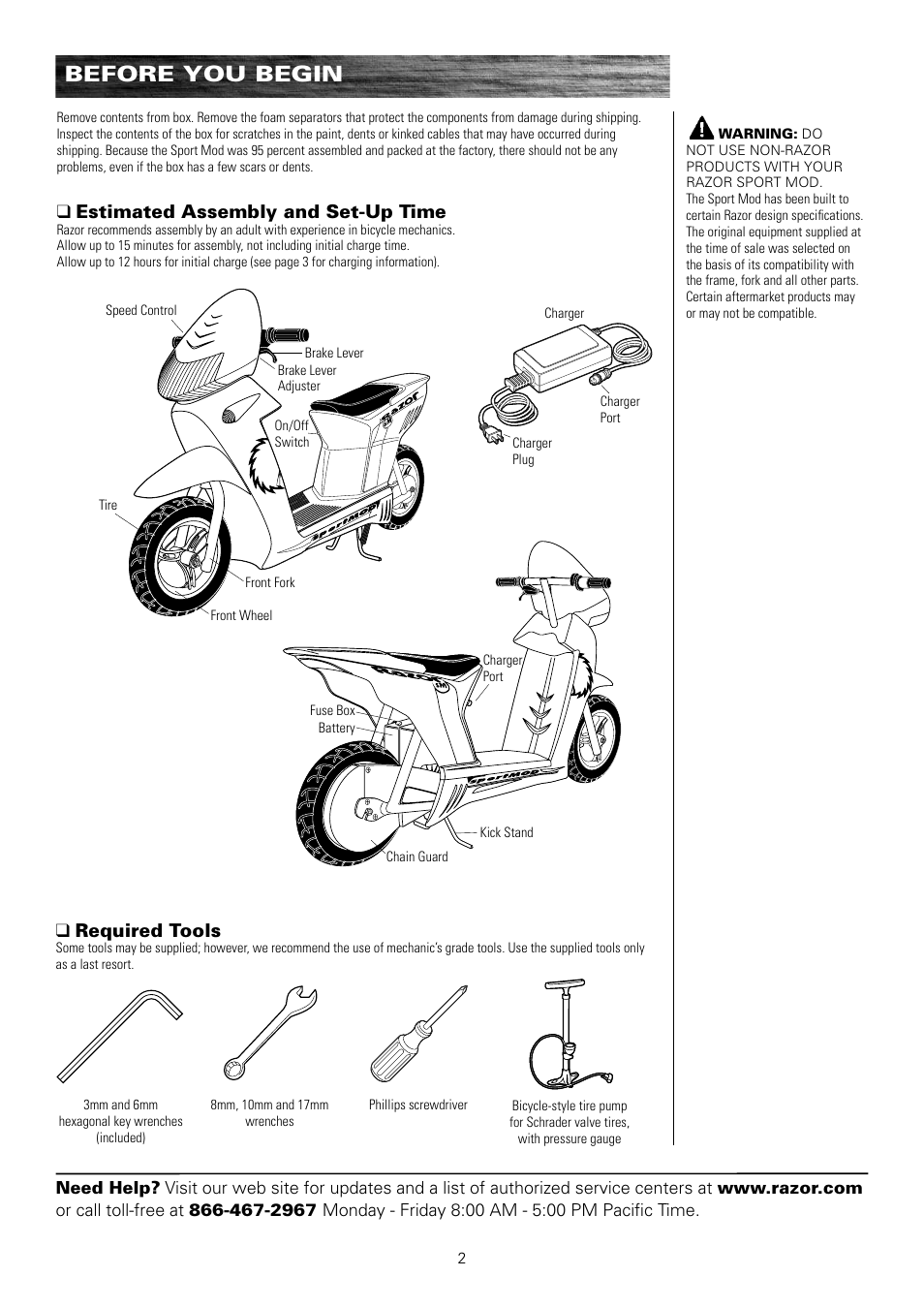 Before you begin, Qestimated assembly and set-up time, Qrequired tools | Razor SPORTMOD 15130412 User Manual | Page 3 / 13