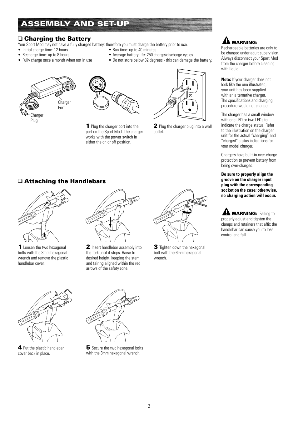 Assembly and set-up, Qcharging the battery, Qattaching the handlebars 3 | Razor SPORTMOD 15130412 User Manual | Page 4 / 13