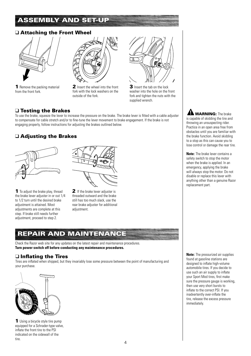 Repair and maintenance, Assembly and set-up, Qadjusting the brakes | Qtesting the brakes, Qinflating the tires, Qattaching the front wheel 3 | Razor SPORTMOD 15130412 User Manual | Page 5 / 13