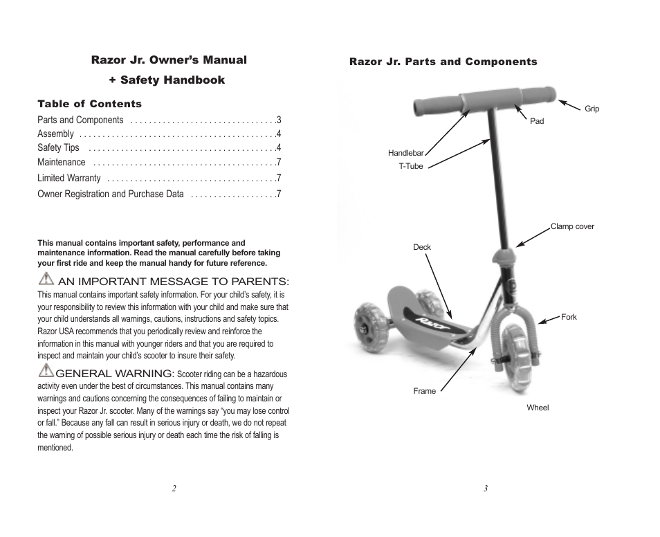 Razor jr. owner’s manual + safety handbook | Razor Jr User Manual | Page 2 / 4