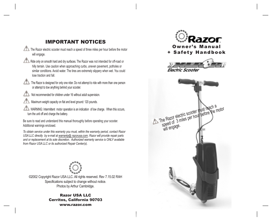 Razor XLR8R User Manual | 6 pages