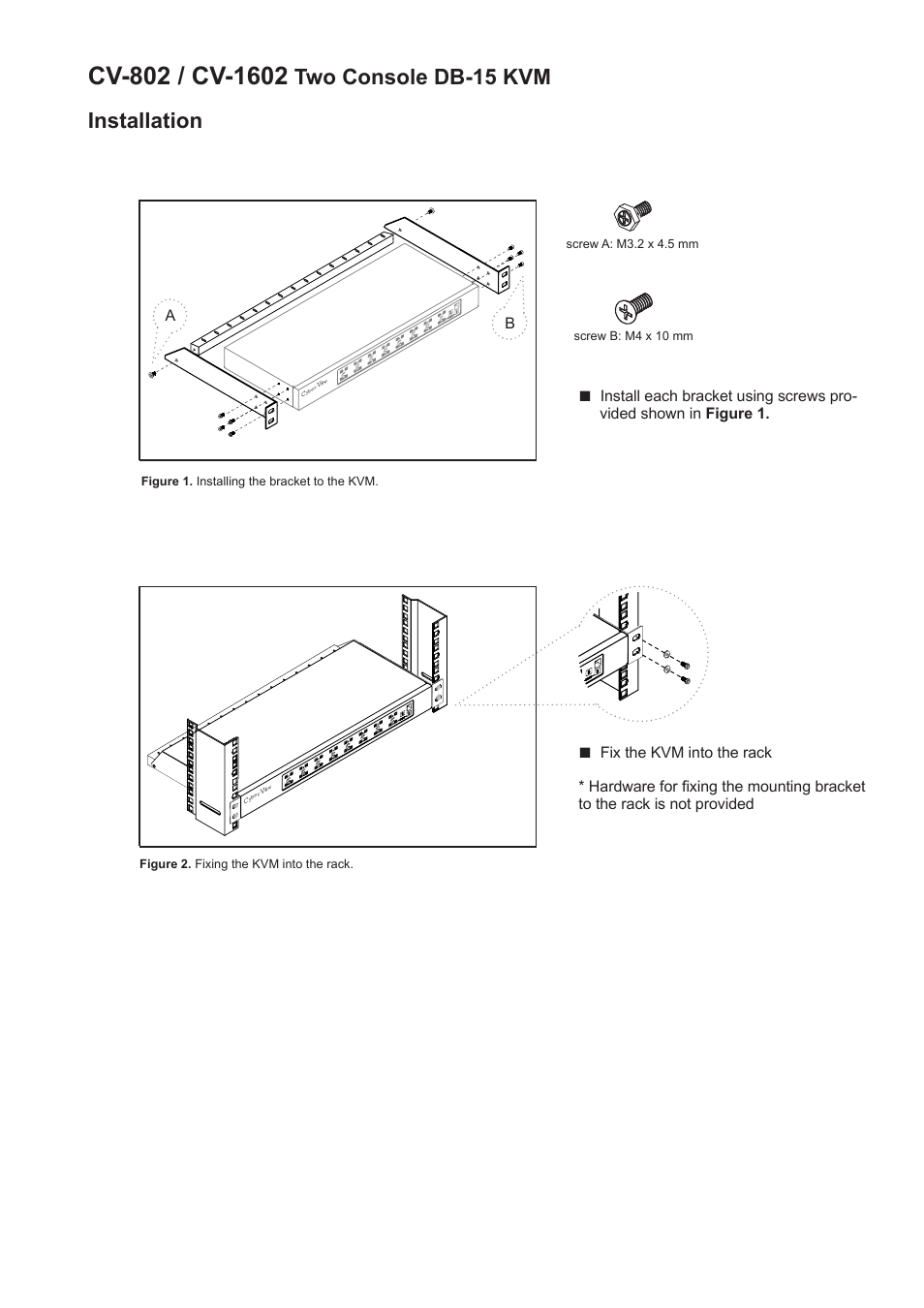 Cv-802_1602, Installation, Two console db-15 kvm | Rackmount Solutions CV-802 User Manual | Page 2 / 16