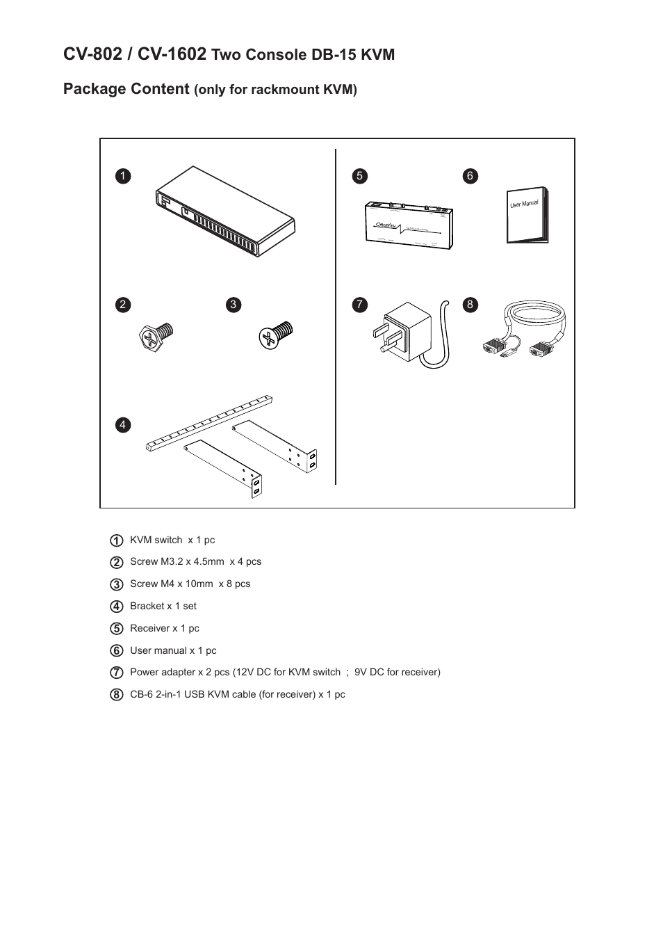 Two console db-15 kvm, Package content, Only for rackmount kvm) | Rackmount Solutions CV-802 User Manual | Page 3 / 16