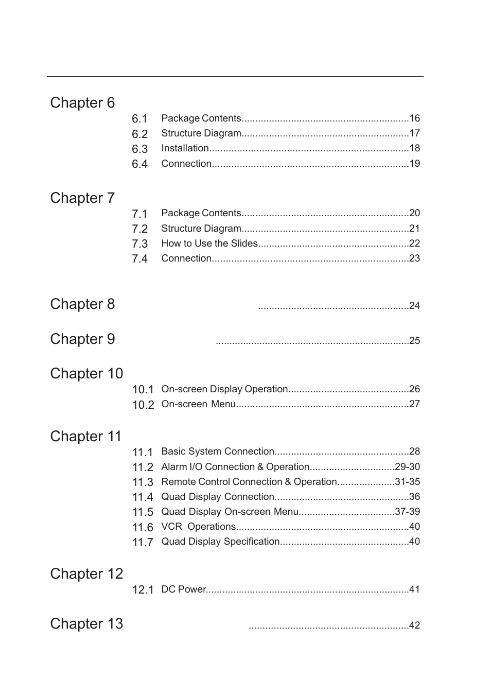 Chapter 8 lcd specifi cation, Chapter 9 dimensions, Chapter 10 operation | Chapter 11 quad operation, Chapter 12 options, Chapter 13 troubleshooting | Rackmount Solutions CYBER VIEW RP-817QD User Manual | Page 3 / 48