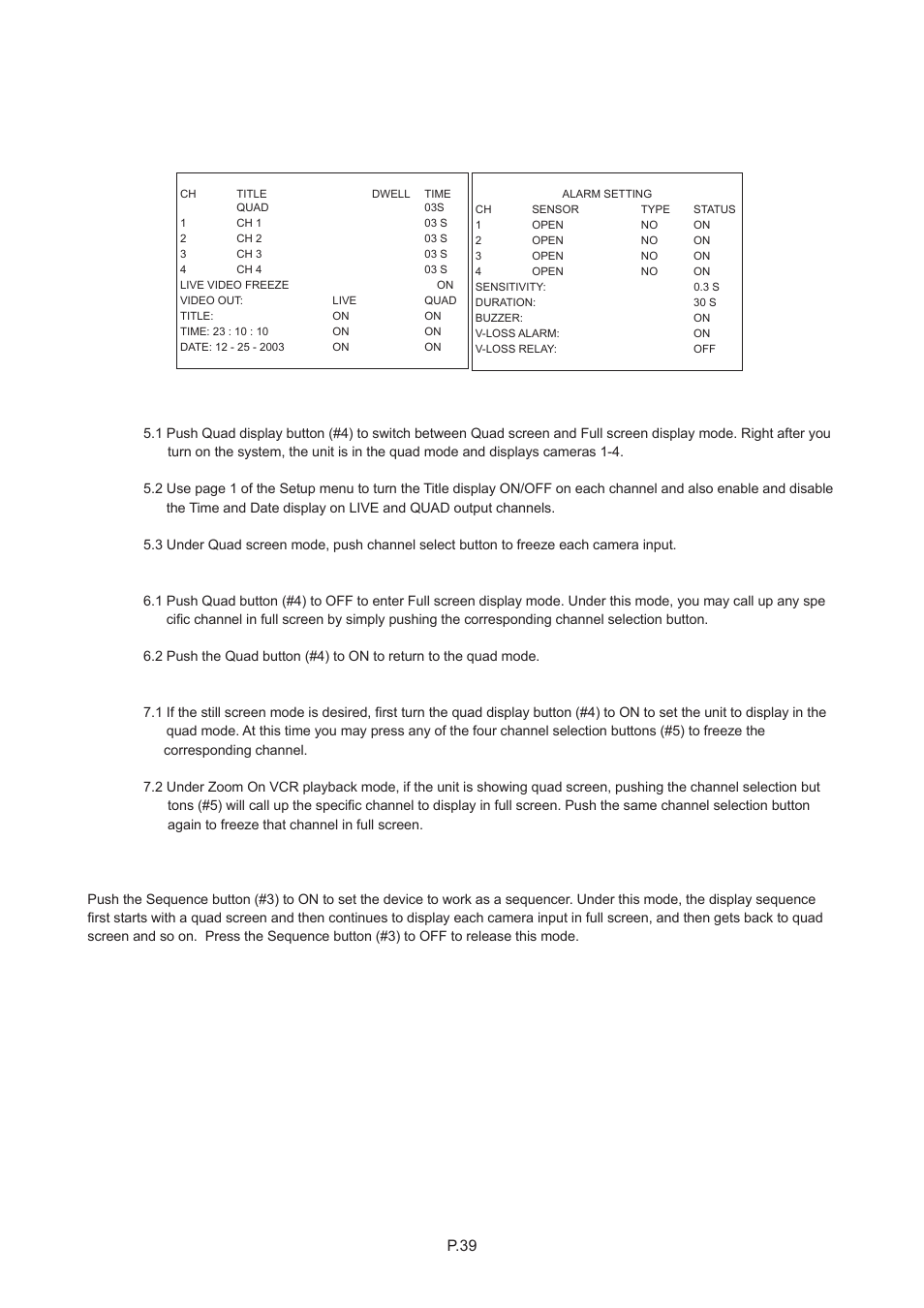 Chapter 11, 5 quad display on-screen menu, P.39 | Rackmount Solutions CYBER VIEW RP-817QD User Manual | Page 43 / 48