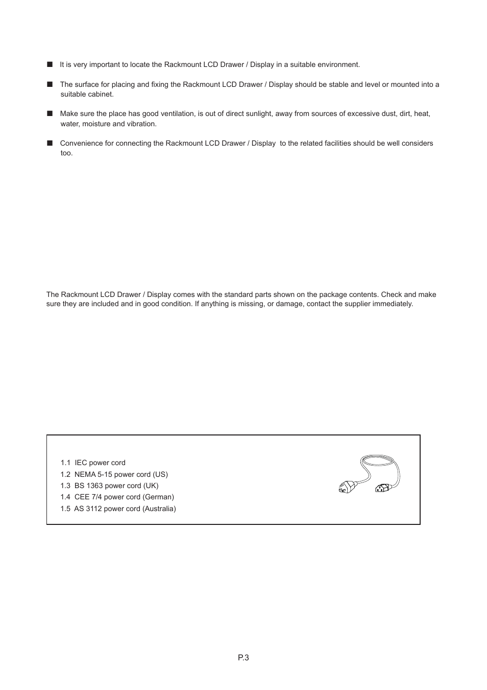 Chapter 1, 5 optional accessories, 4 unpacking 1.3 before installation | Rackmount Solutions CYBER VIEW RP-817QD User Manual | Page 7 / 48