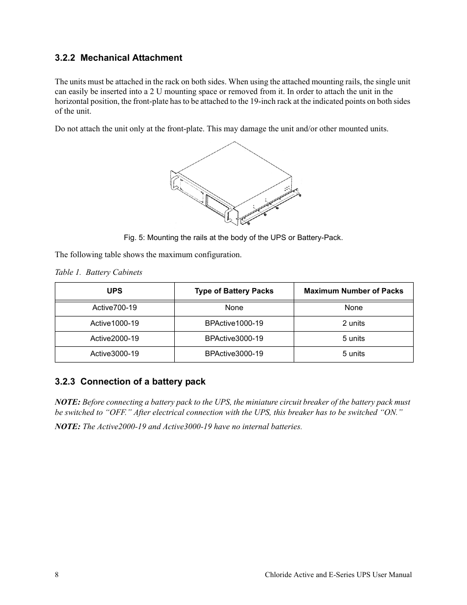 2 mechanical attachment, Table 1. battery cabinets, 3 connection of a battery pack | Rackmount Solutions VA 10000 User Manual | Page 12 / 58