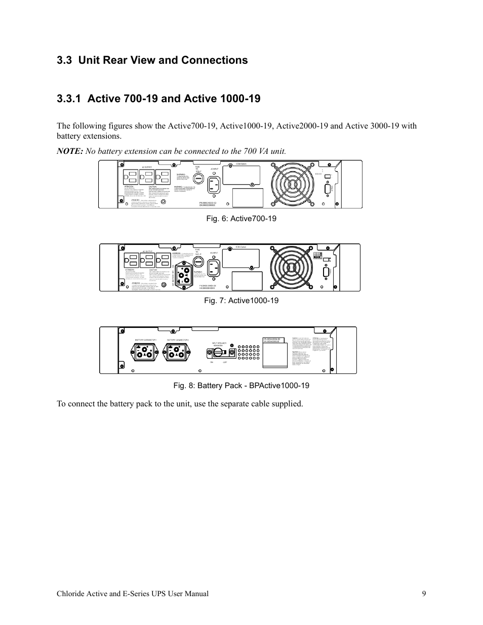 3 unit rear view and connections, 1 active 700-19 and active 1000-19, Fig. 6: active700-19 | Fig. 7: active1000-19, Fig. 8: battery pack - bpactive1000-19 | Rackmount Solutions VA 10000 User Manual | Page 13 / 58