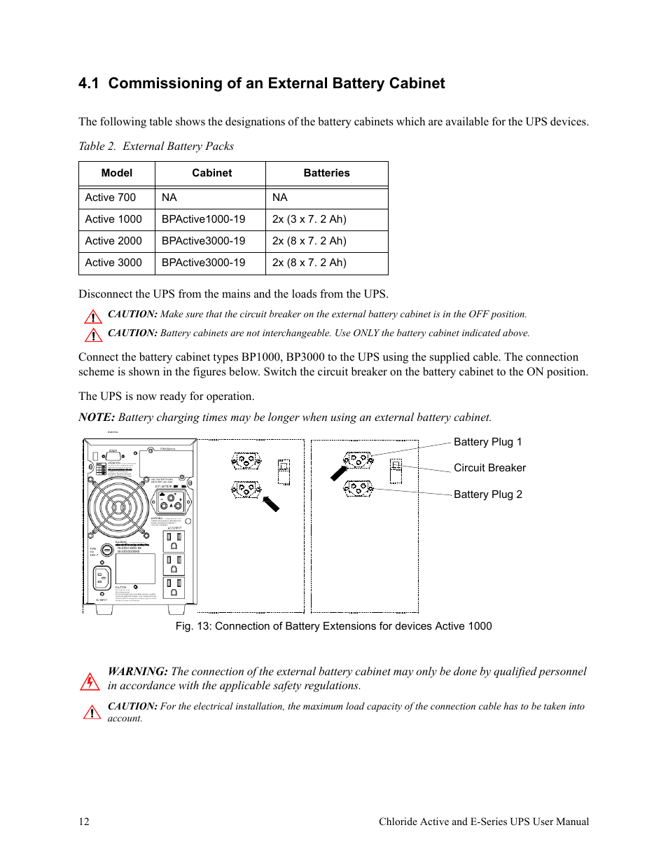 1 commissioning of an external battery cabinet, Table 2. external battery packs | Rackmount Solutions VA 10000 User Manual | Page 16 / 58