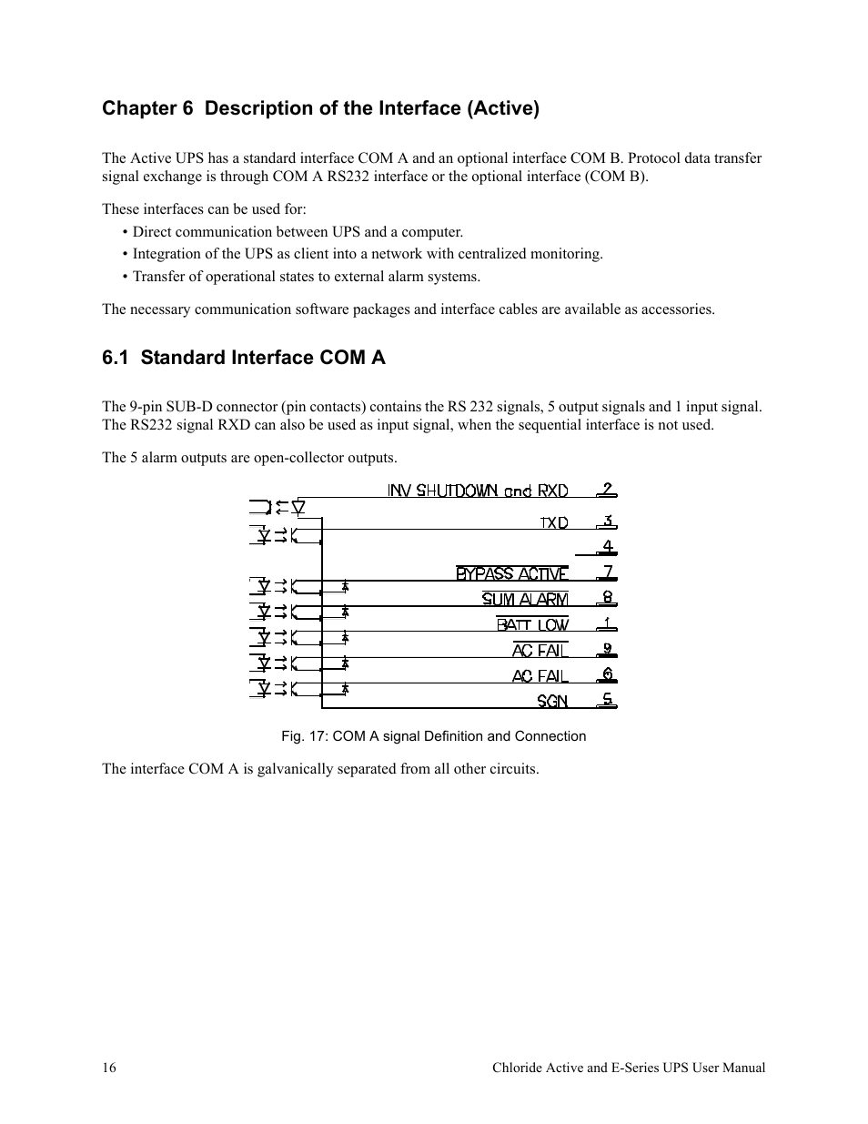 Chapter 6 description of the interface (active), 1 standard interface com a, Fig. 17: com a signal definition and connection | Rackmount Solutions VA 10000 User Manual | Page 20 / 58