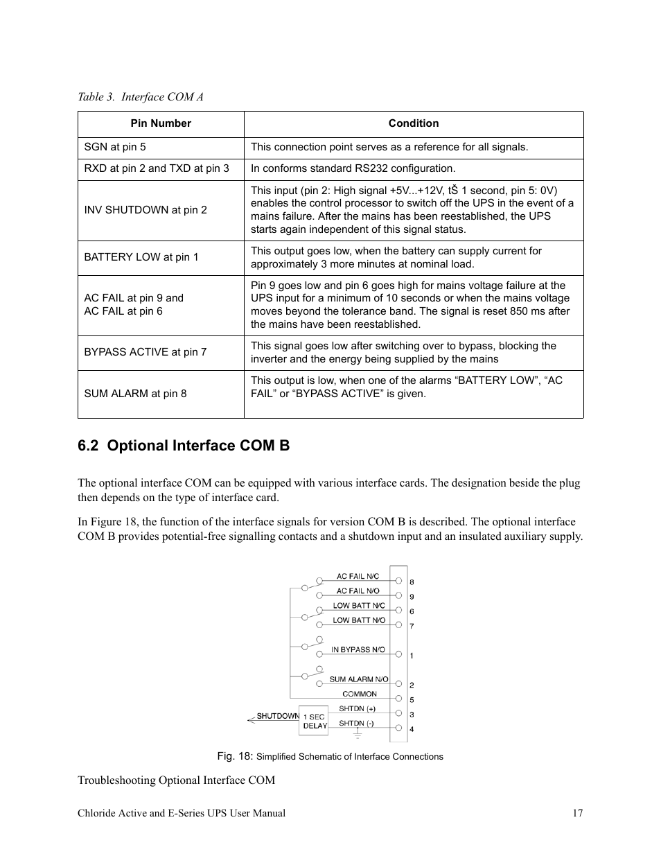 Table 3. interface com a, 2 optional interface com b | Rackmount Solutions VA 10000 User Manual | Page 21 / 58