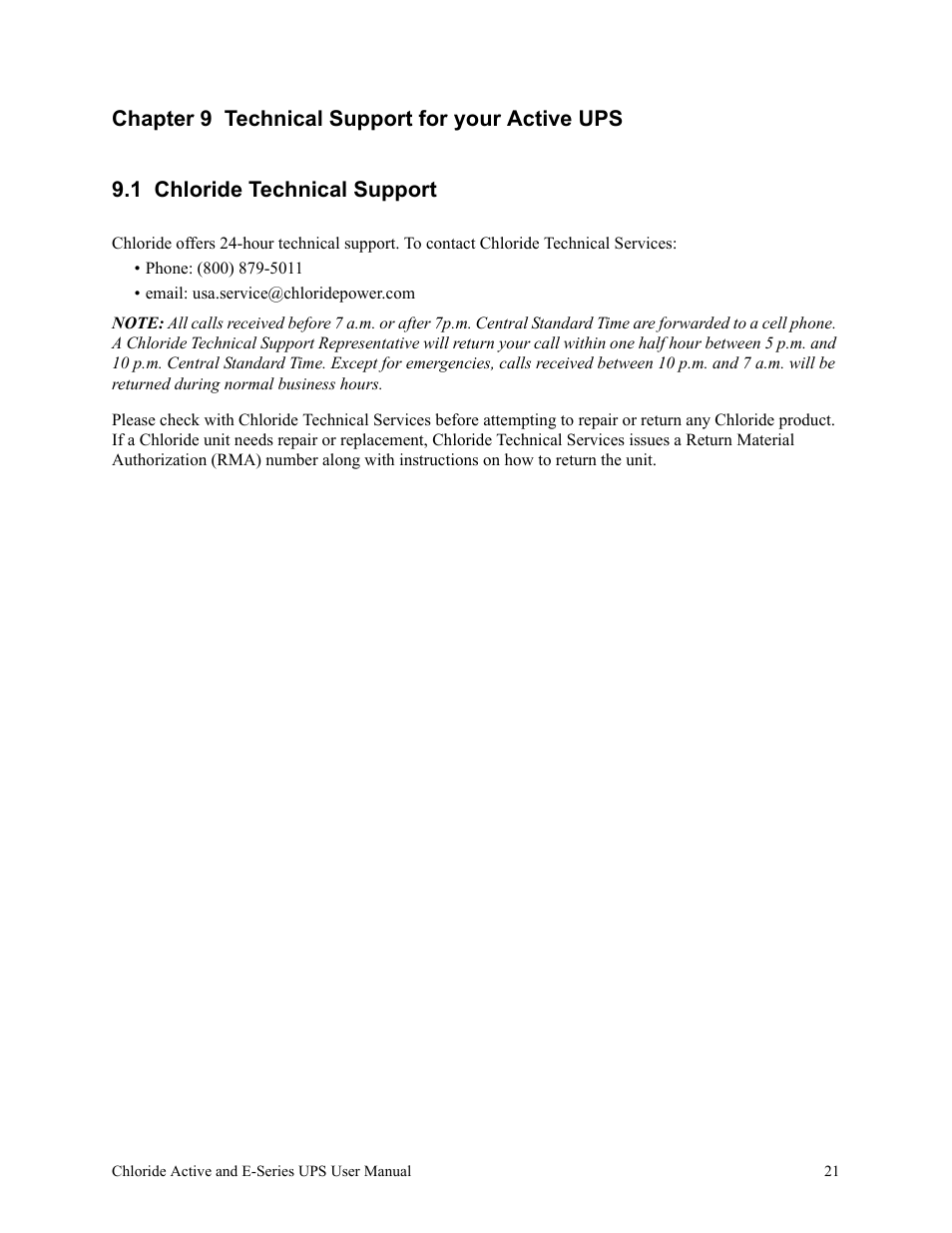 Chapter 9 technical support for your active ups, 1 chloride technical support | Rackmount Solutions VA 10000 User Manual | Page 25 / 58